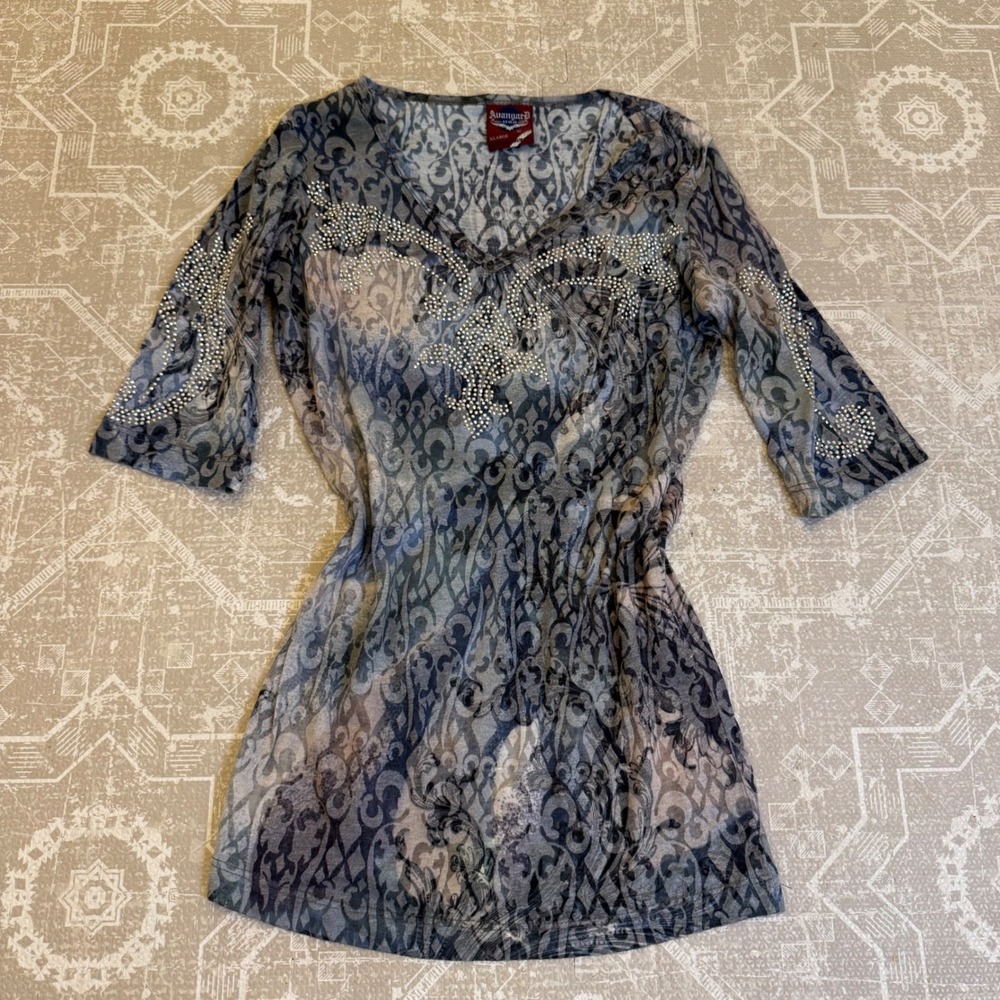 Aunagarda USA Rhinestone‎ Embellished Top Extra Large Patterned  Womens #Y2K